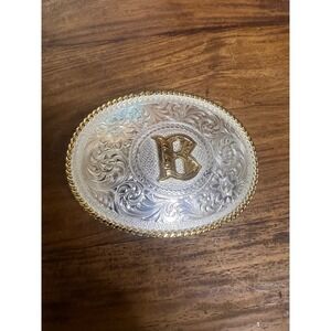Montana Silversmiths Initial B Belt Buckle Silver Gold Tone Floral Rope Edge 4in